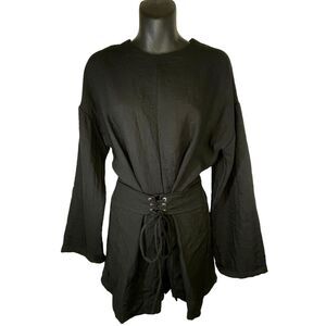 PFEIFFER Linen Black Short Jumpsuit Romper Long Sleeve Adjustable Lace Up Waist‎